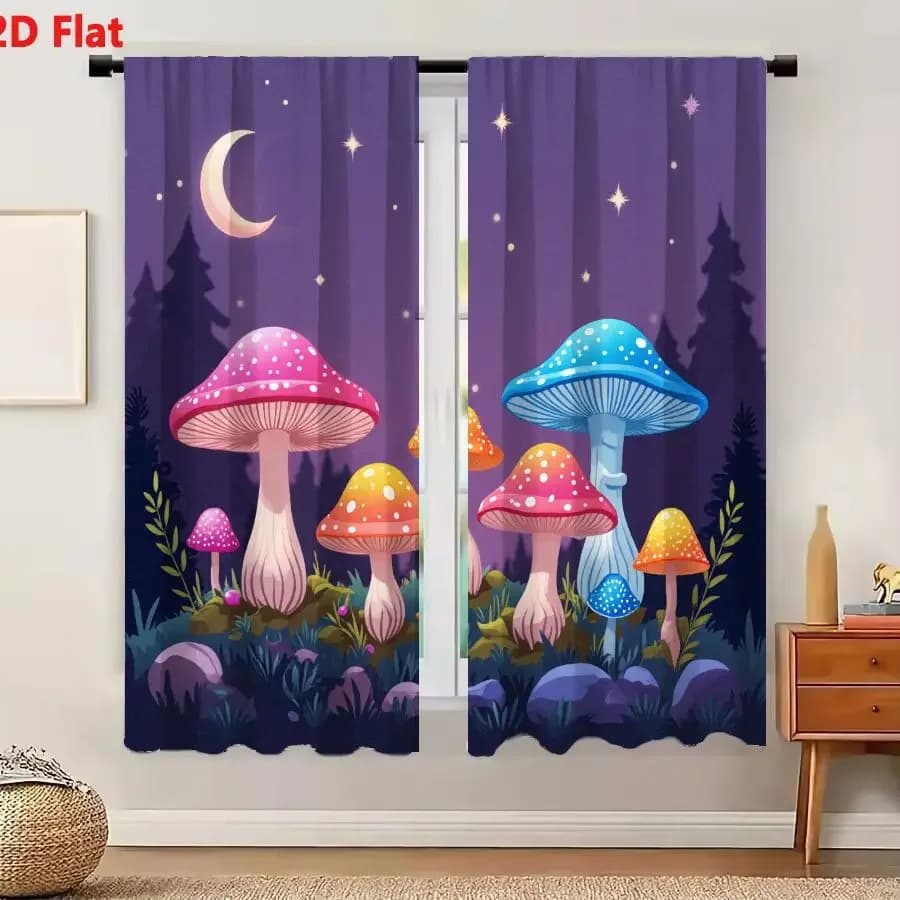 2Pcs Curtains 2D Flat Magical Forest Clearing At Night With Colorful Spotted Mushrooms And Twinkling Stars Window Drapes for Bed