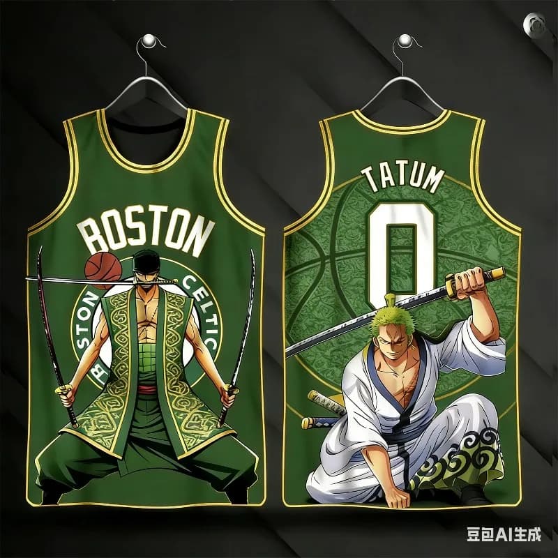 Maglia Senza Maniche One Piece Roronoa Zoro X Boston Celtics Basketball Jersey Tatum 0 con Stampa Anime Streetwear