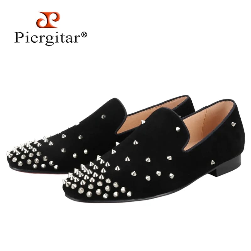 Piergitar Black Suede And Smooth Leather Slip-On Loafers With Handmade Silver Spikes CL Brand Same Design Red Sole Men's Flats