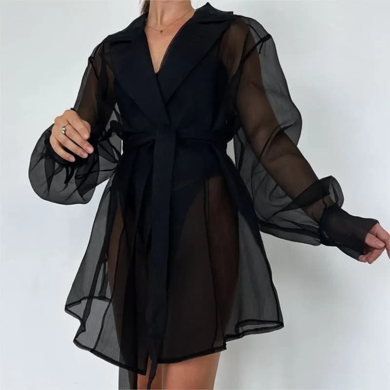 Trench trasparente nero da donna 2025 Nuova manica lunga con cintura ampia camicetta trasparente casual streetwear autunno abito capispalla trasparente