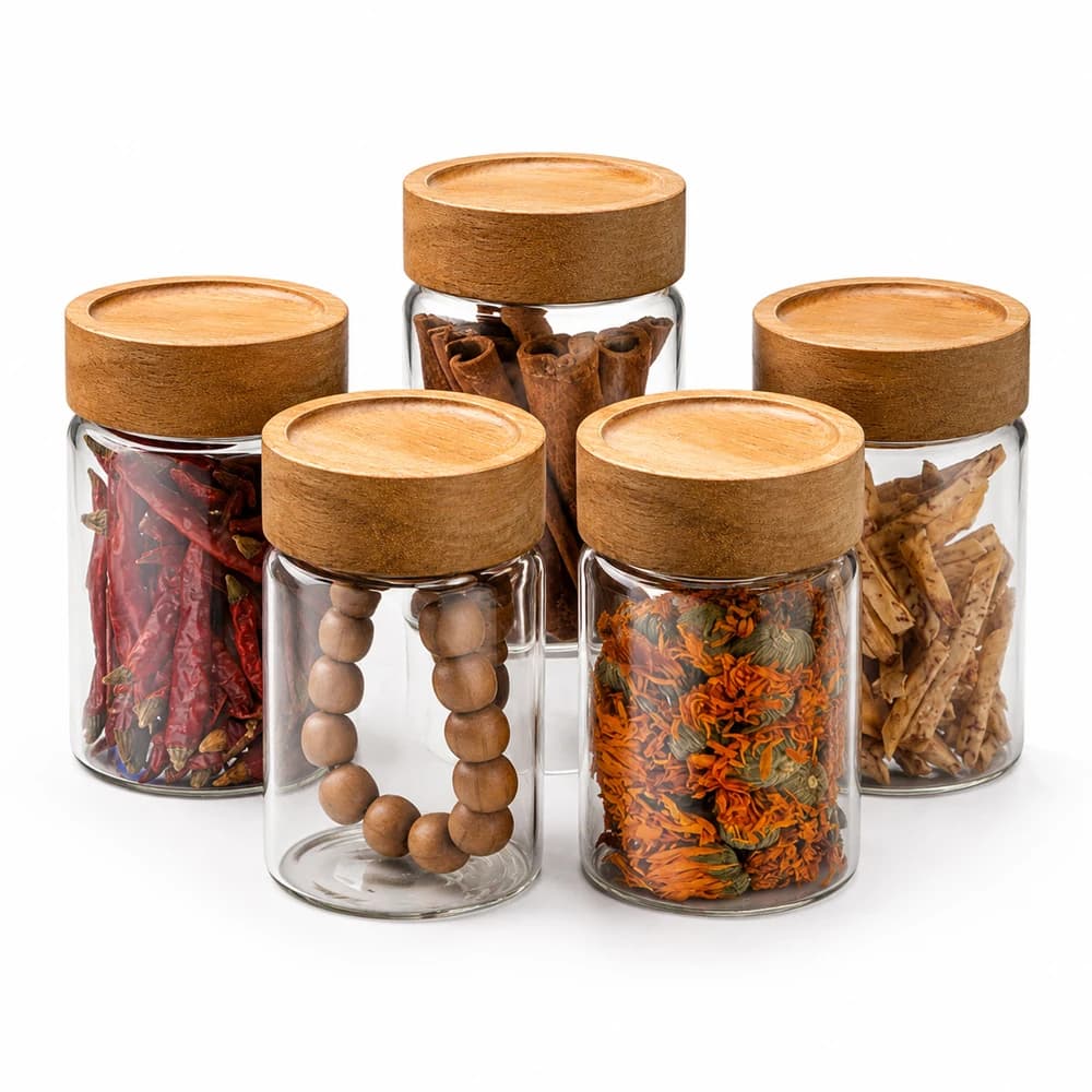Glass Food Storage Jars with Screw Airtight Seal Acacia Wood Lids,Spice Jars with Lids, Organization for Jars Bottles Containers