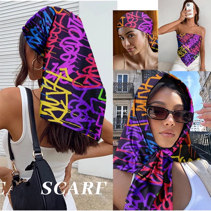 Foulard Quadrato Colorato Graffiti 90x90cm, Bandana in Raso per Uomo Donna, Sciarpa da Collo Stile Street, Accessorio per Capelli Hip Hop Y2K
