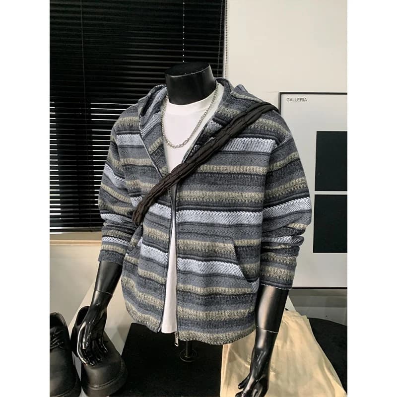 Loose Men's Open Cardigan Hoodie Youthful Striped Casual Style Autumn Winter Fashionable Windproof Zipper Closure Side Pockets
