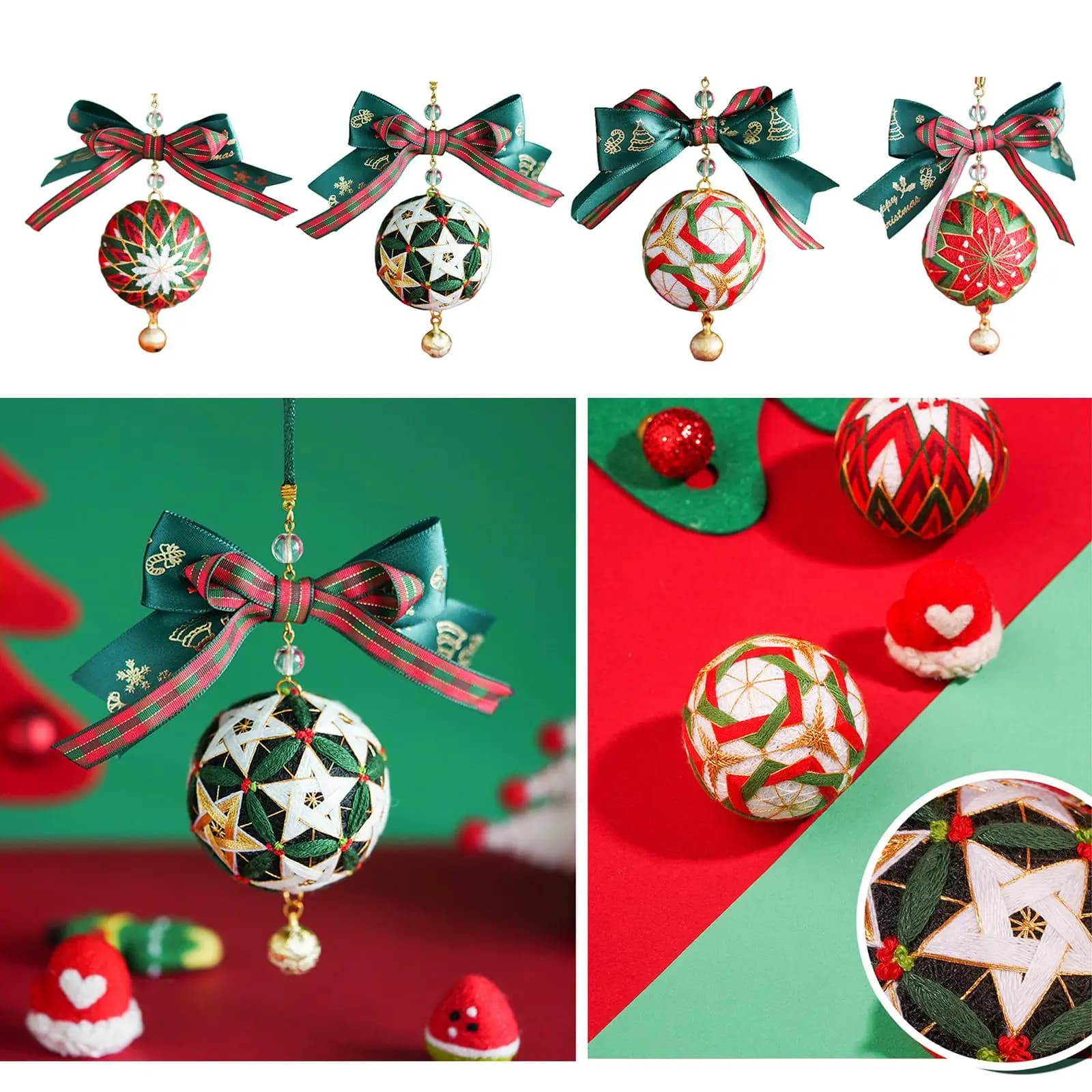 Temari Ball Embroidery Craft Kit with Positioning Tool Measuring Tape Threads Beads for Christmas Ornament Car Hanging DIY