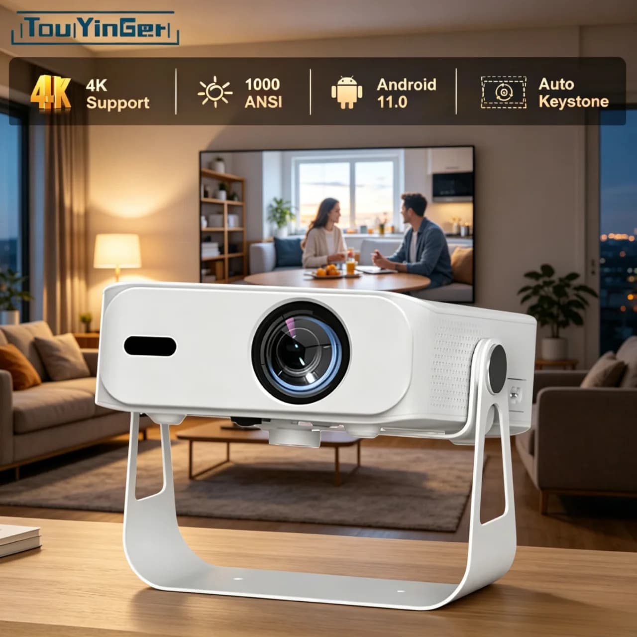 Touyinger L9W Proiettore Ultra Portatile Full HD Mini con Video PTZ, Android, Autofocus Intelligente e Correzione Keystone