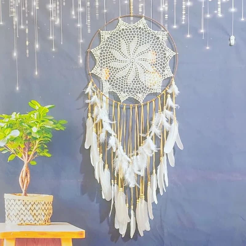 White Feathers Dream Catcher Wall Hanging Elegant Wall Art Room Decoration for Windows Balcony Bedroom Wedding Party Gift