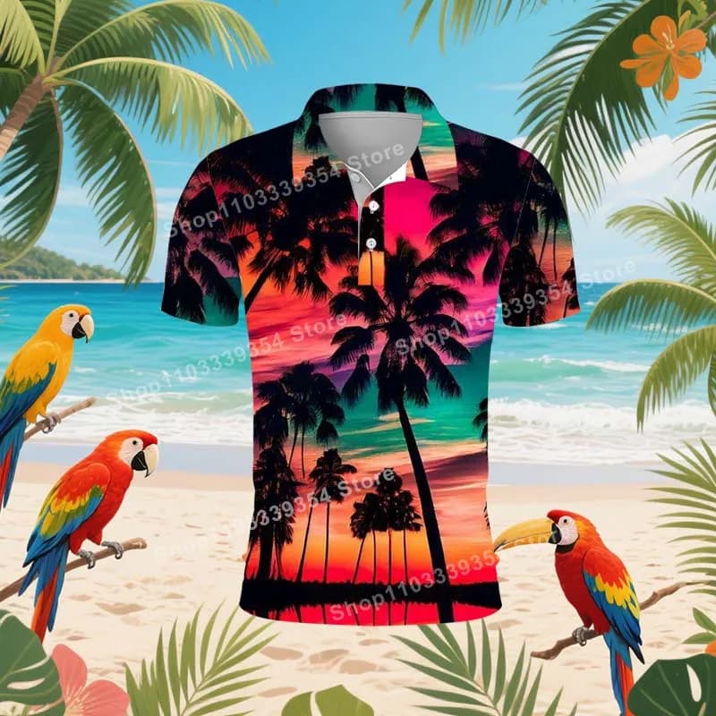 Polo hawaiana da spiaggia con alberi di cocco per uomo Estate Stampa 3D Foglie Manica corta Polo da golf Maglietta casual da strada