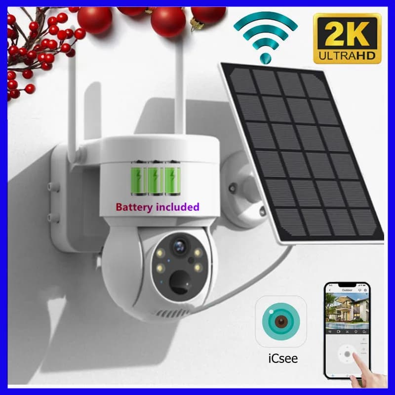 Telecamera WiFi 4MP, Telecamera di Sicurezza Solare da Esterno, Telecamera IP PTZ WiFi con Batteria Ricaricabile Integrata, Visione Notturna a Colori, Audio Bidirezionale