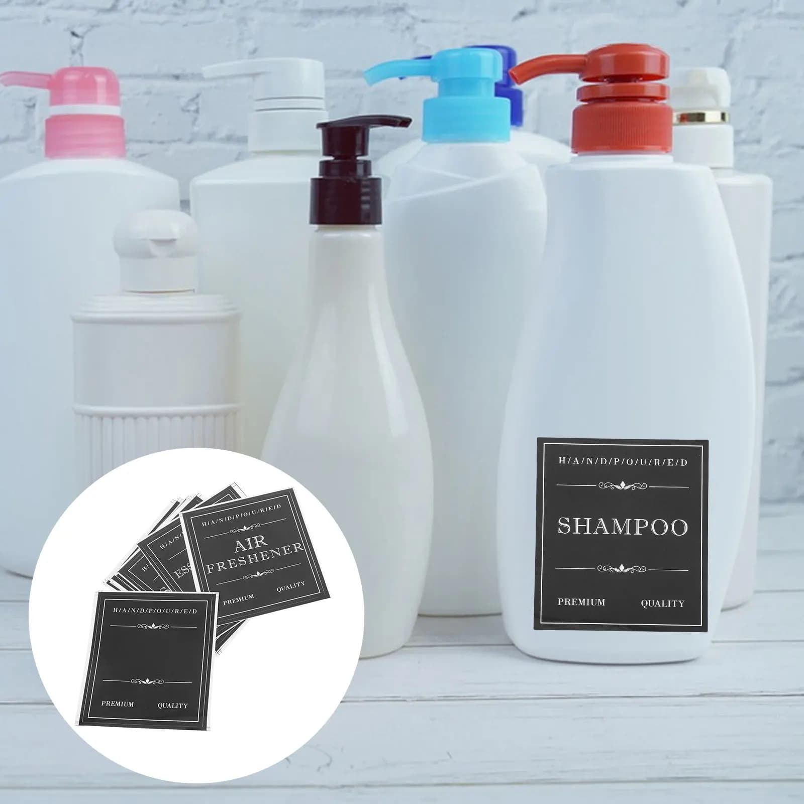 3 set di etichette per shampoo, adesivi impermeabili per bottiglie, per dispenser da bagno, contenitori per sapone e lozione, adesivi in carta patinata, organizzati