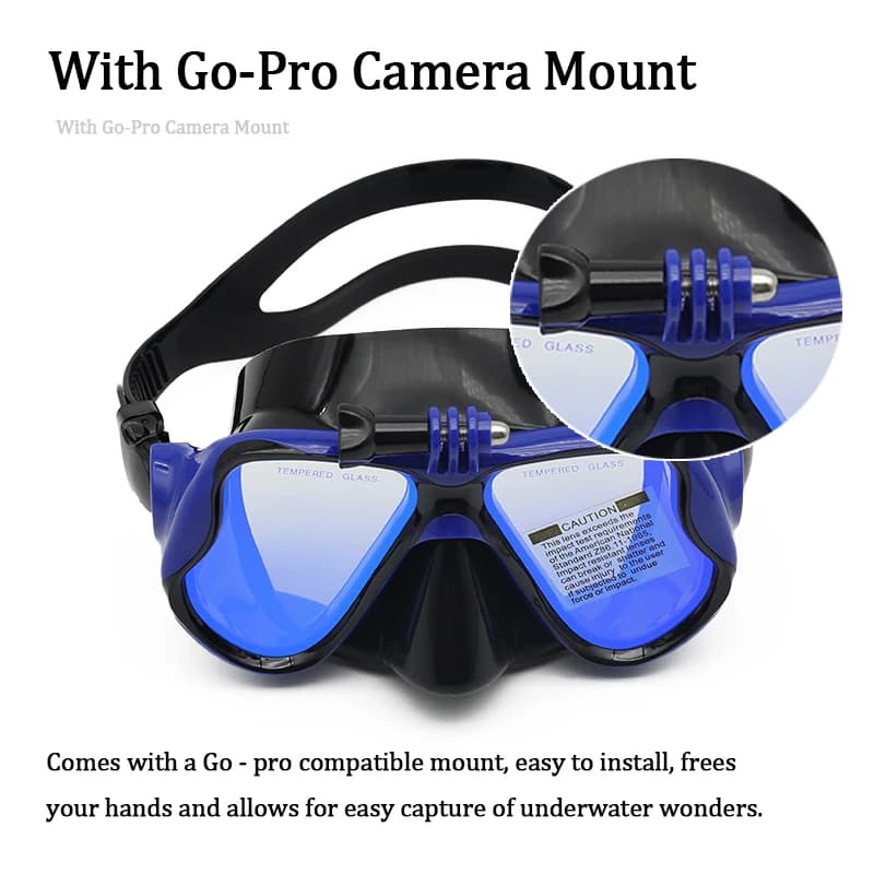 Professional Snorkeling and Diving Mask with Camera Support: Glass Snorkeling Glasses Tempered for Different Water Sports