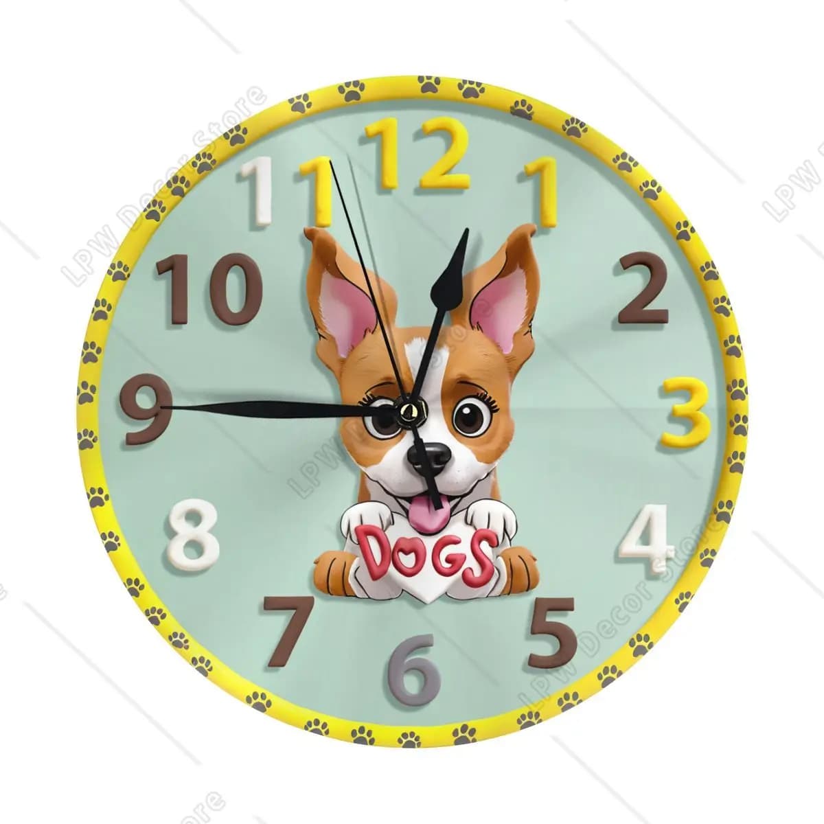 Wall clock for dogs 10 inch Round dog Zampa Silent wall clock without ticking Battery clock for bedroom, kitchen, living room