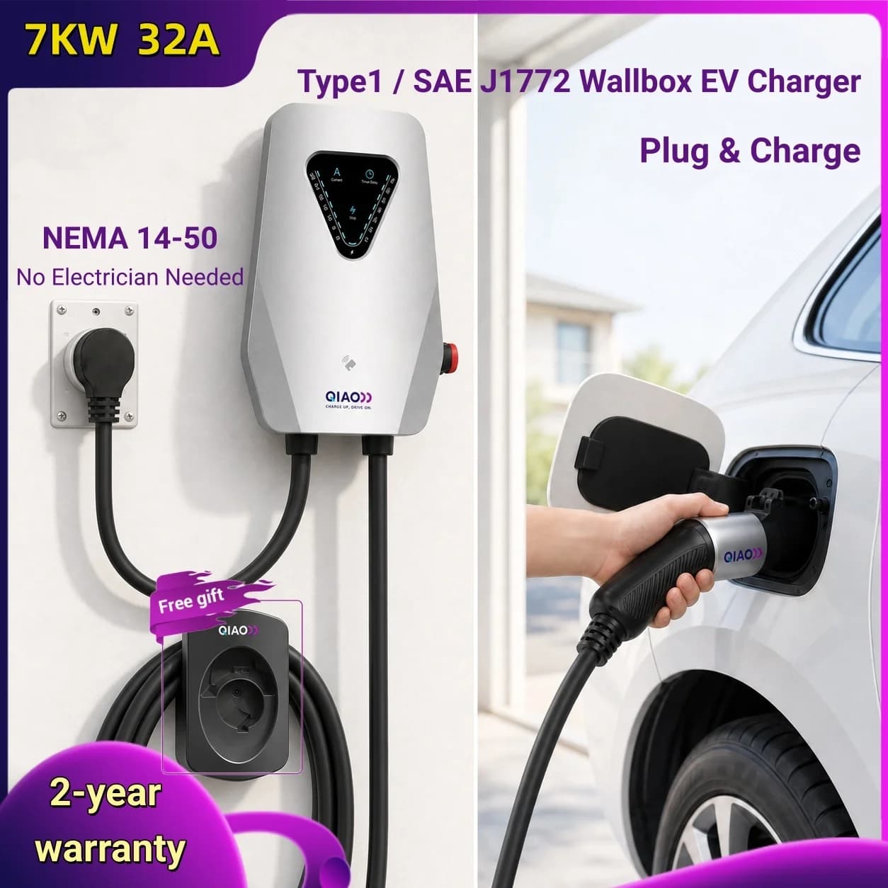 7KW 32A Type1 SAE J1772 Wallbox EV Charger 5M Cable 14-50P Plug EVSE For Electric Vehicle Level 2 Charging Station Plug & Charge