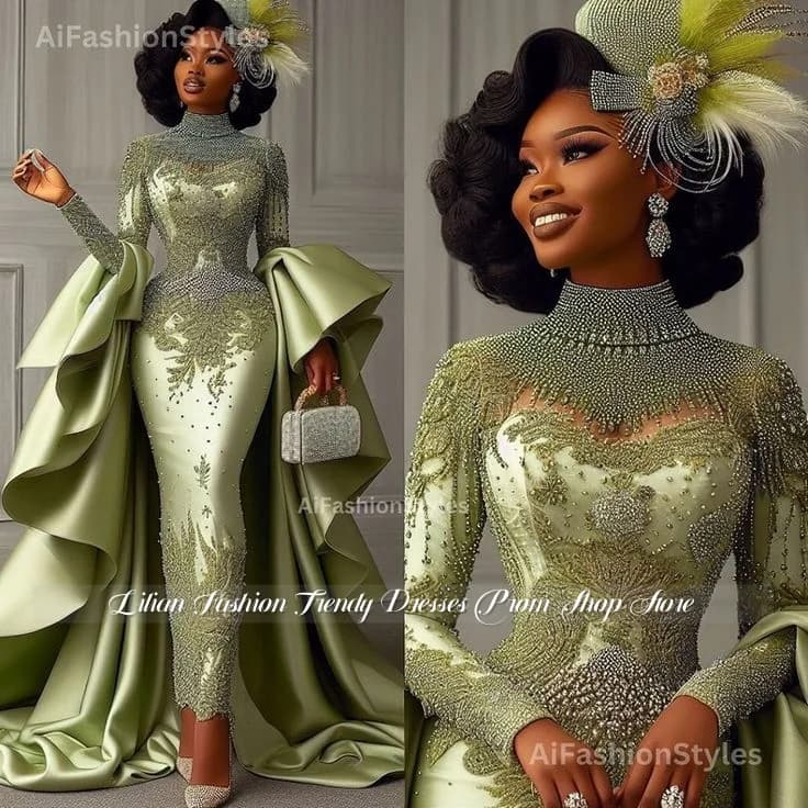 Customized Sage Green Glamorous Evening Gown Heavily Beaded High-Neck Red Carpet Gown Detachable Train Muslim Wedding Gown 2026