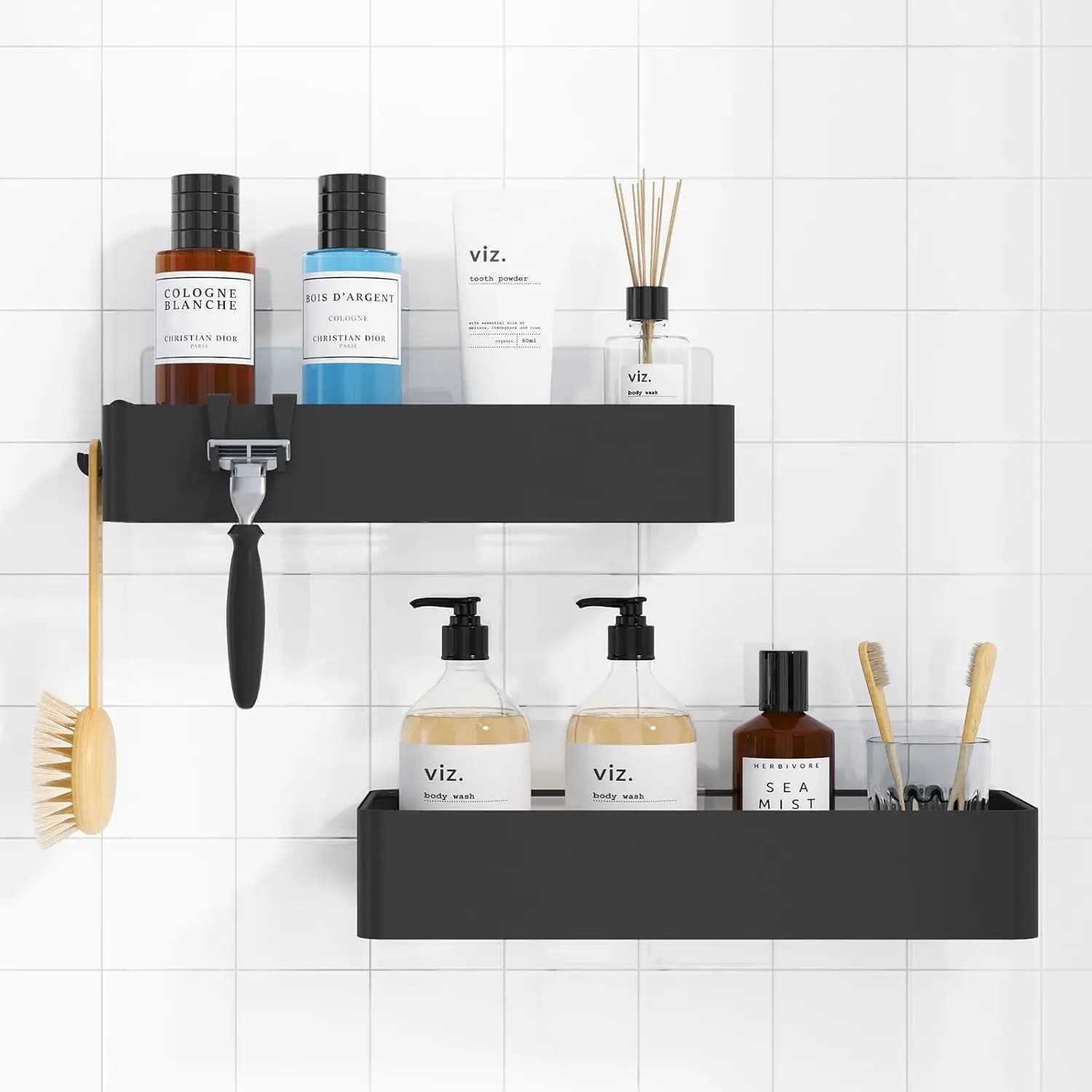 Set di 2 Portaoggetti Adesivi per Doccia, Mensole in Metallo Antiruggine, Organizzatore per Bagno Senza Foratura, Grande, Nero