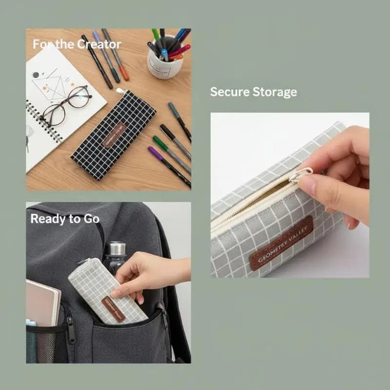 Canvas Pencil Case With Minimalist Geometric Design And Smooth Zipper Perfect For Students School Office Daily Stationery