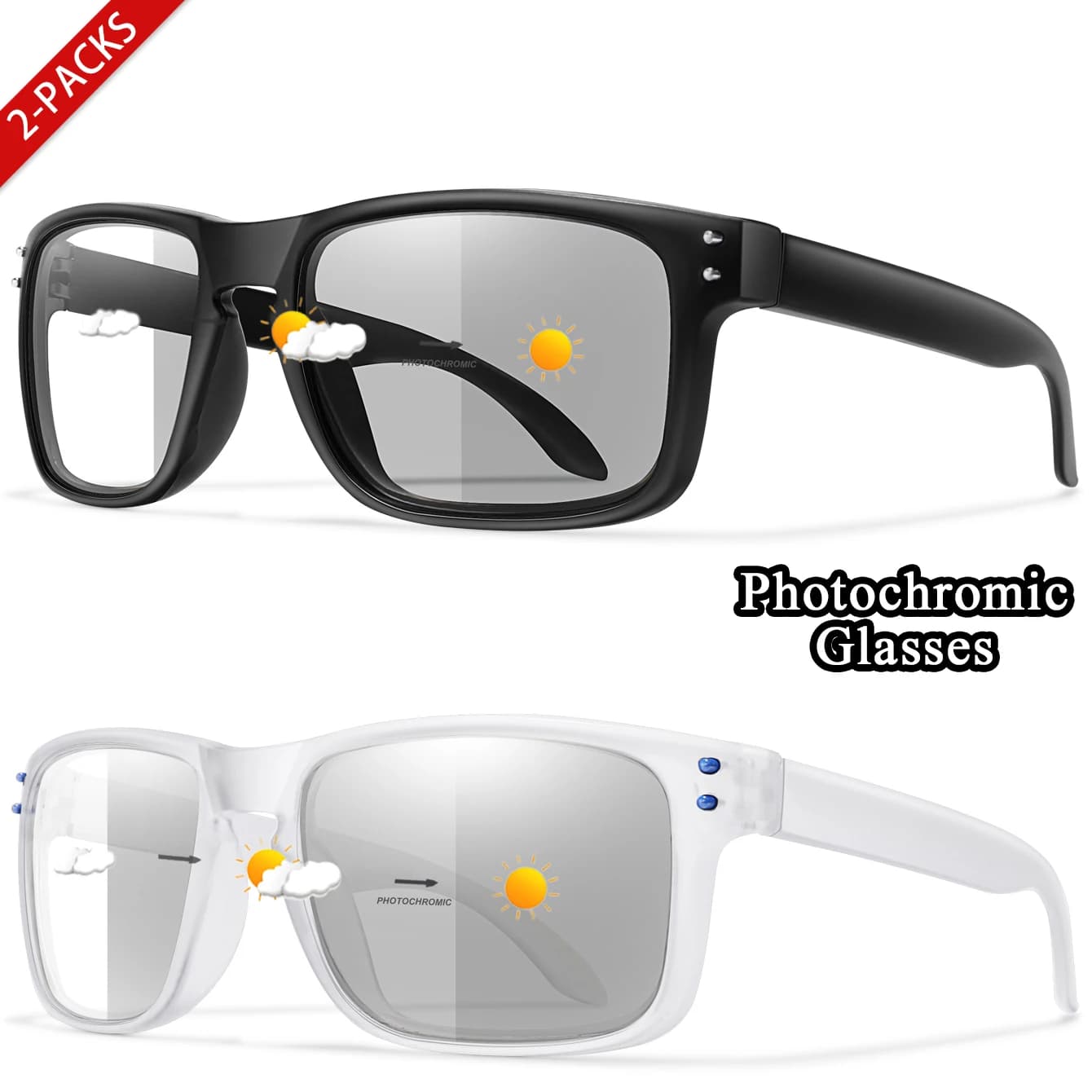 1 & 2 PCS Fashion Fishing Photochromic Sunglasses Men Women Outdoor Sport Cycling Eyewear Square Windproof Classic Goggles
