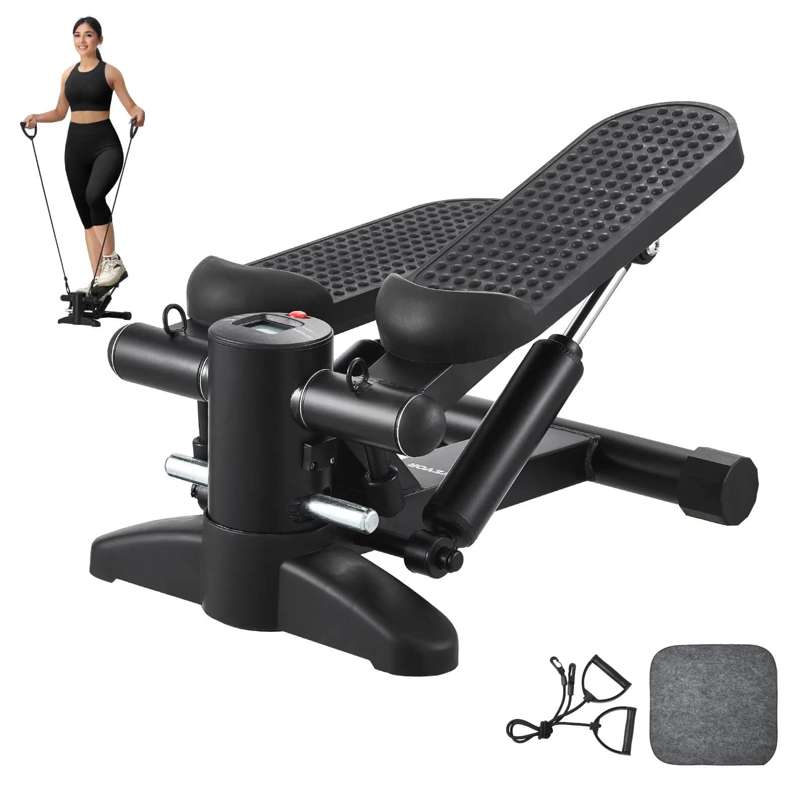 Stepper for stairs, mini stepper for exercises at home, hydraulic stepper for fitness with resistance bands, complete cardio workout for the whole body