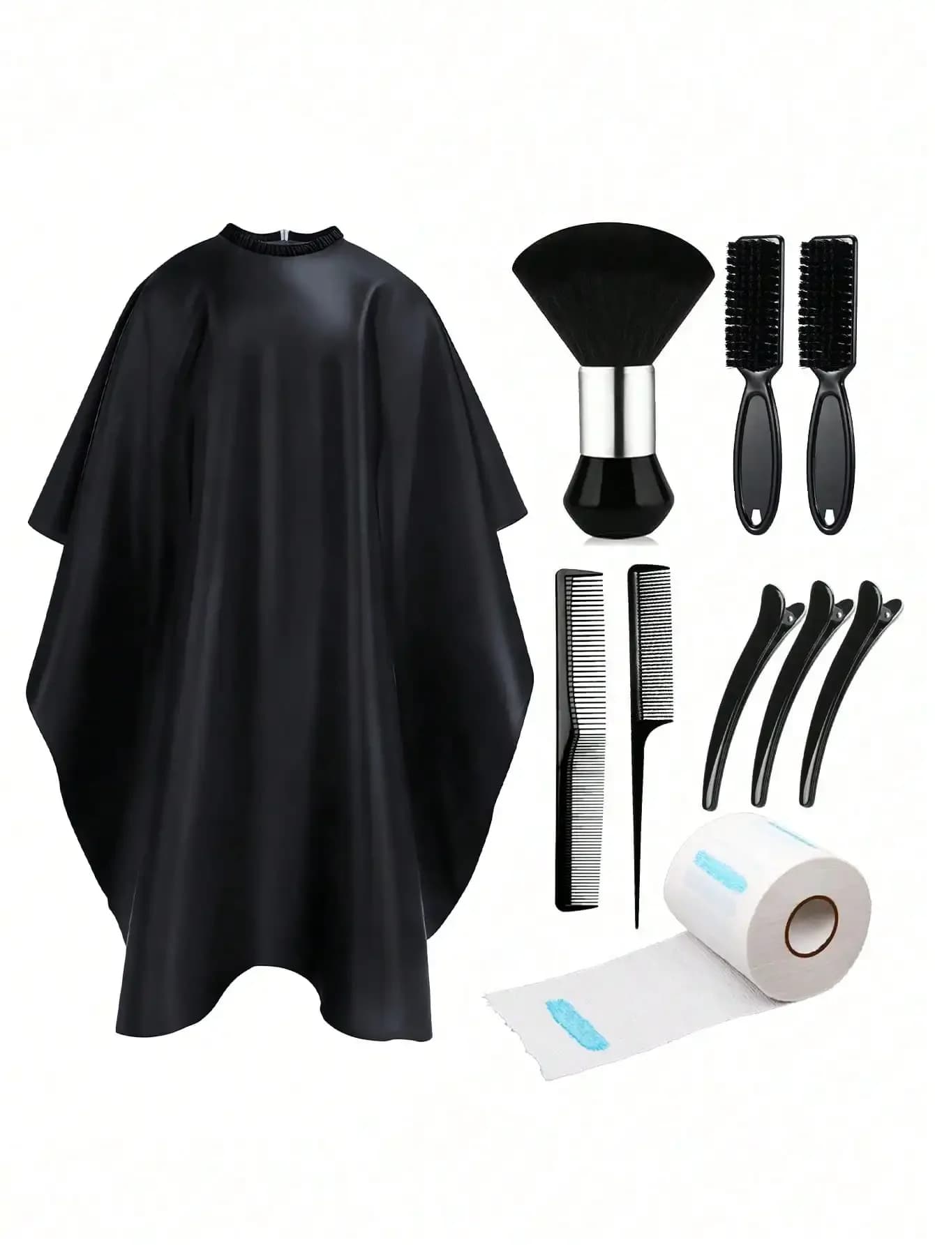 Set di strumenti per taglio capelli da 1/2/4/8/10 pezzi, include mantella da taglio (con spazzola per il collo), spazzola da barbiere, strisce per il collo, pettine per capelli