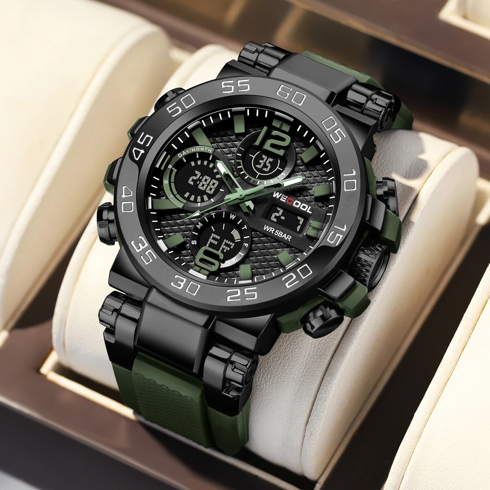 WECOOL W-822 Orologio da uomo impermeabile con doppio display da 50 m - Retroilluminazione a LED, allarme, cronografo, cronometro, sport