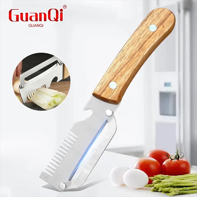 Stainless Steel Pelapatate with Wood Handle 3-in-1, Fruit and Potato peeler with Bottle Openers, Kitchen Tools