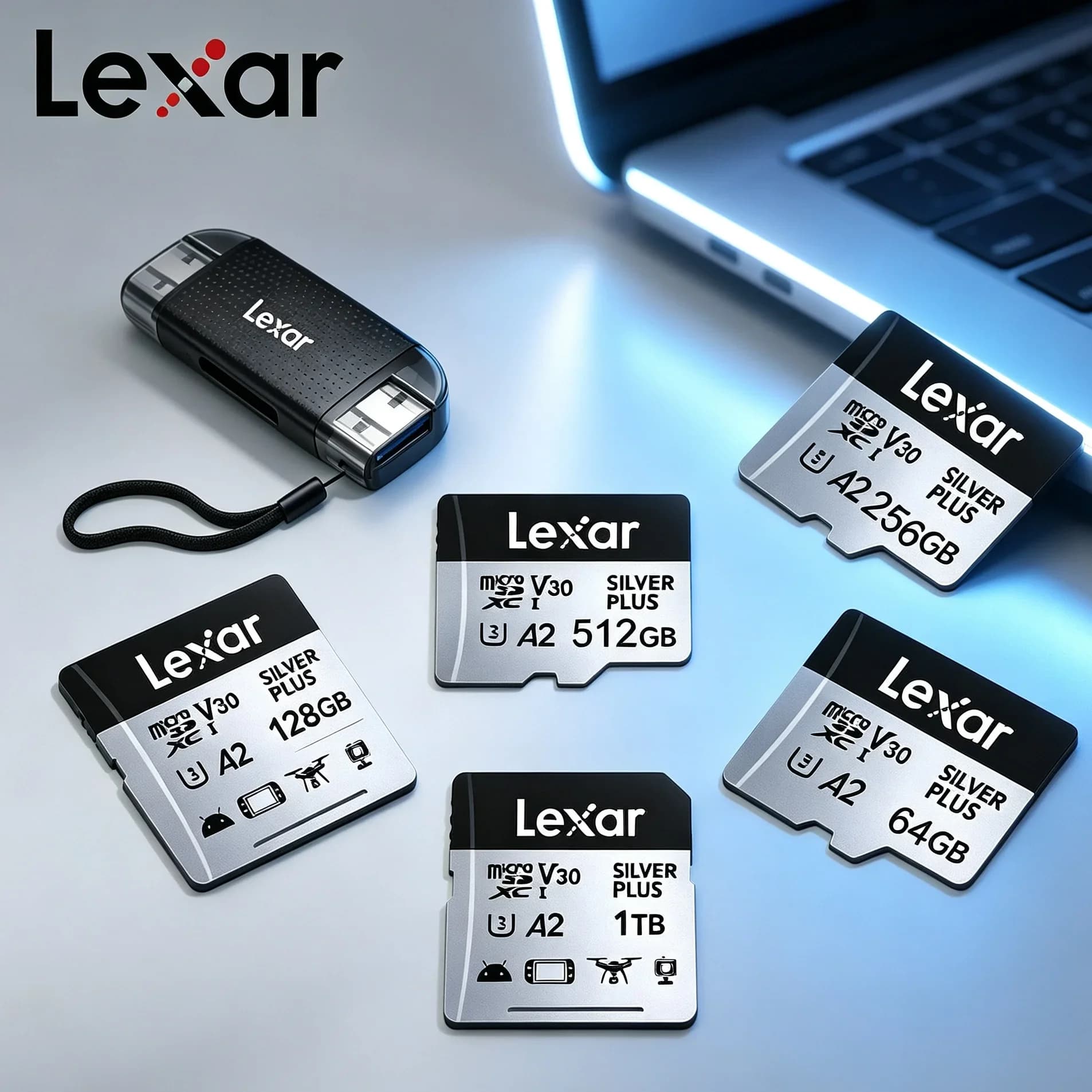 4K A2 V30 Micro SD Card Lexar Silver Plus 205MB/s TF MicroSDXC Memory Card for DJI Drone Camera Multiple Capacity Option