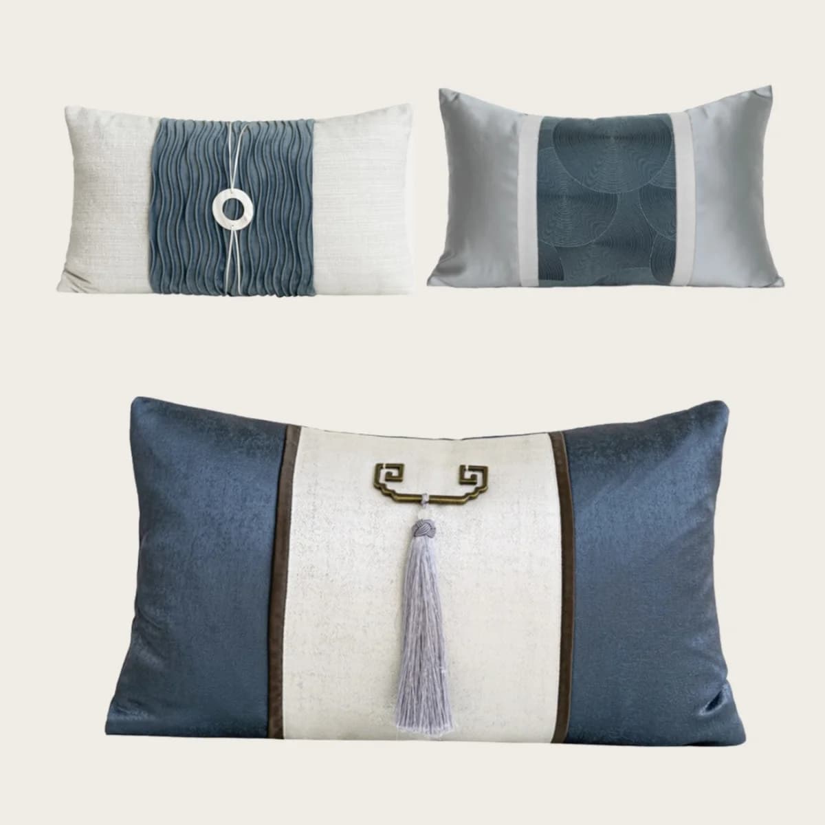 Federa per cuscino lombare per divano in stile cinese 50x30 cm divano con nappa fodera per cuscino classica patchwork blu bianco e argento con fibbie