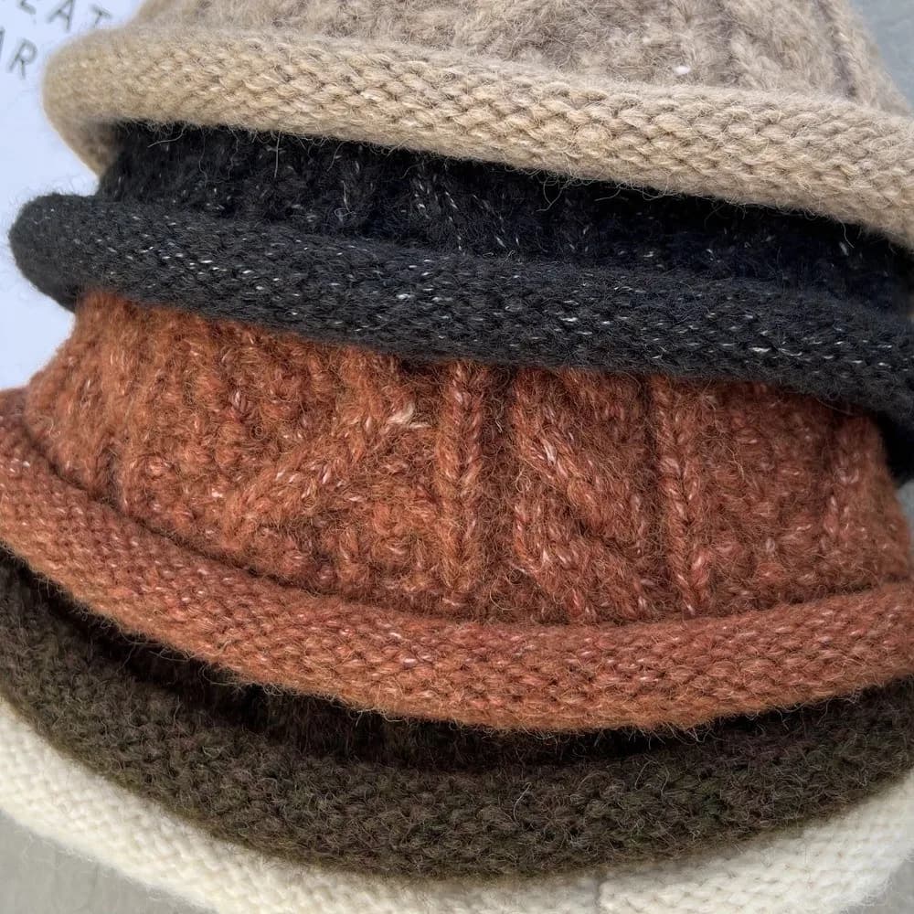 Fashion Autumn Winter Beanie Hat Turned-up Brim Warm Knitted Hat Windproof Solid Color Bucket Hat for Women