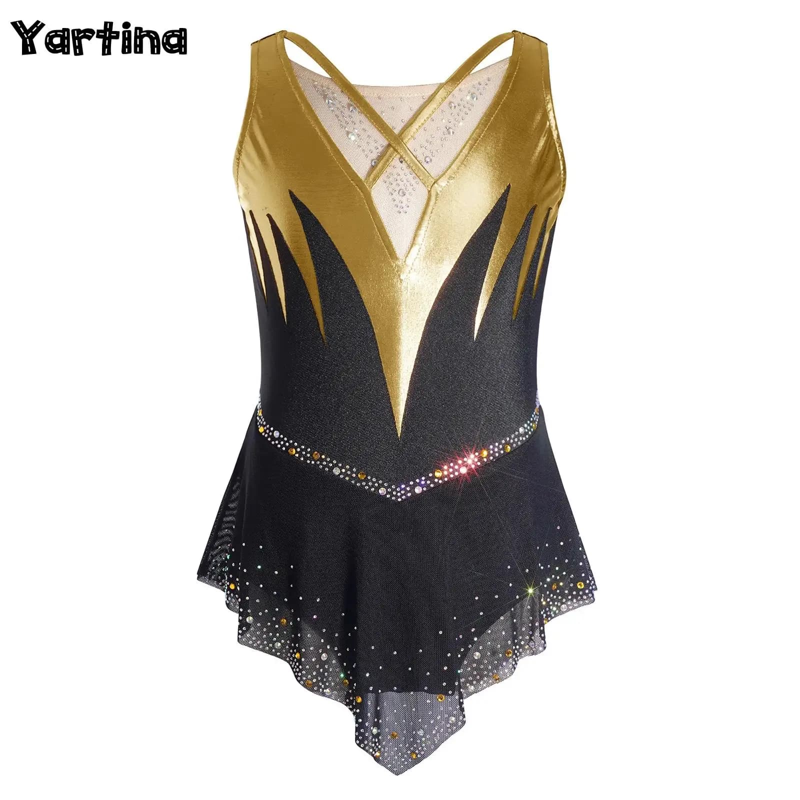 Vestito da Danza per Bambine: Ginnastica, Pattinaggio Artistico, Balletto, Danza Lirica - Body con Rete Frontale e Strass Scintillanti