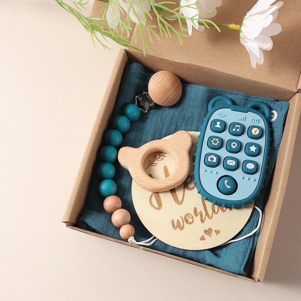 Set regalo per neonato, massaggiagengive mobile in silicone, coniglietto in legno, accessori fotografici