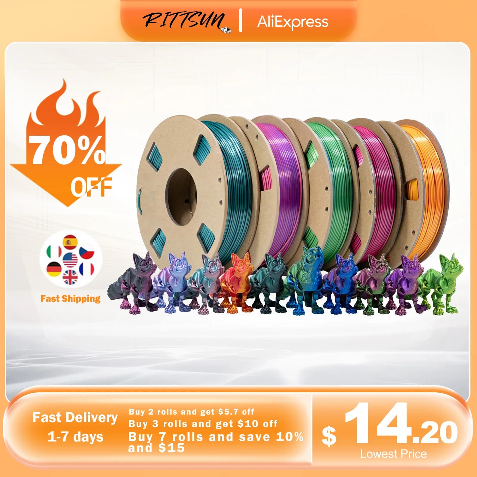 RITTSUN Silk PLA Dual Color Filament 1.75MM 1KG Spool Magic Silk PLA New Arrival 3D Plastic for High Speed Printing Fast Shipping