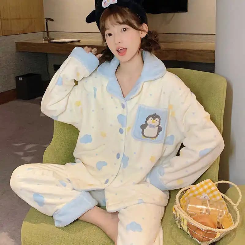Pigiama Kawaii Pingu Anime Pinguino Inverno Mantieni caldo Indumenti da notte in peluche Cartone animato All'aperto Abbigliamento per la casa Set di indumenti da notte Regalo di Natale