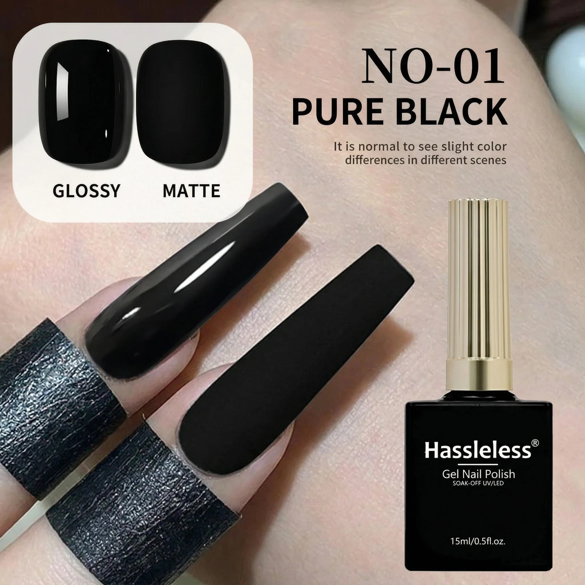 Smalto per unghie UV/LED nero Hassleless da 15 ml — Finitura lucida; Un must per gli appassionati di nail art; Ideale per manicure alla francese