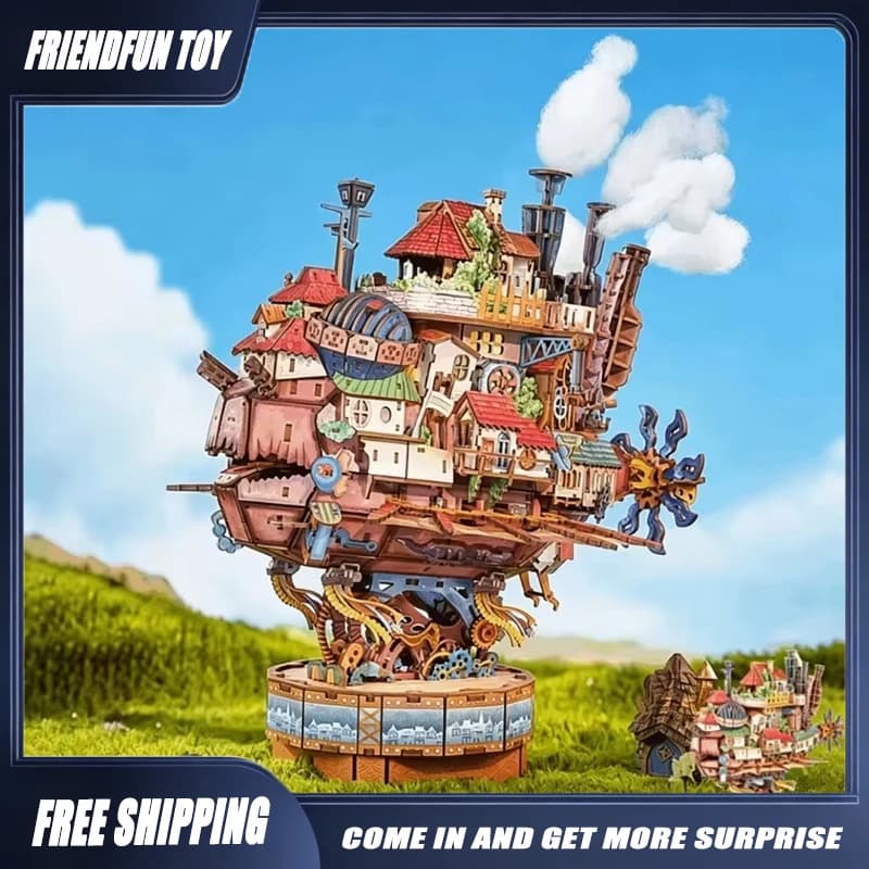 Genuine Travel Vessel Howl's Moving Castle Wooden Puzzle Building Blocks Diorama Model Kit Dollhouse Wooden educational Toy Gift