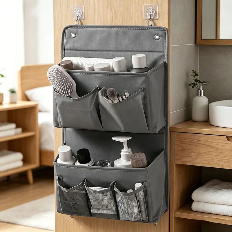 Closet Versatile Gray Wall-Mounted Storage Organizer Multi-Compartment Fabric Hanging Bag with Viewing Window Hooks for Office