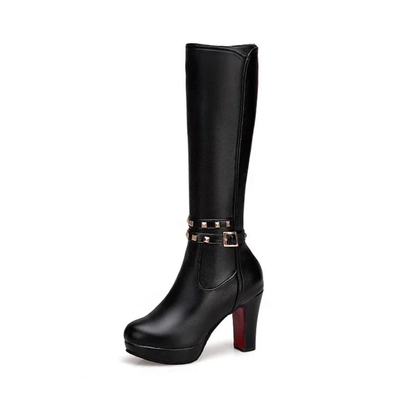 Botas De Mujer Stivali alti al ginocchio Donna Autunno Inverno Tacchi alti Cerniera laterale Fibbia per cintura Stivali lunghi con plateau bianchi neri 526-5