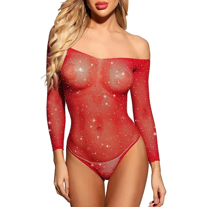 Neckline body with sparkling rhinestones Sexy erotic lingerie with uncovered shoulders Open mesh socks on the back exotic mesh dress