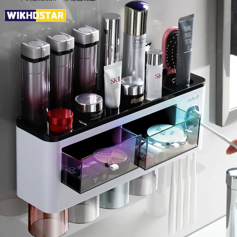 WIKHOSTAR Portaspazzolino invertito ad adsorbimento magnetico Dispenser automatico di dentifricio a parete Spremiagrumi per bagni