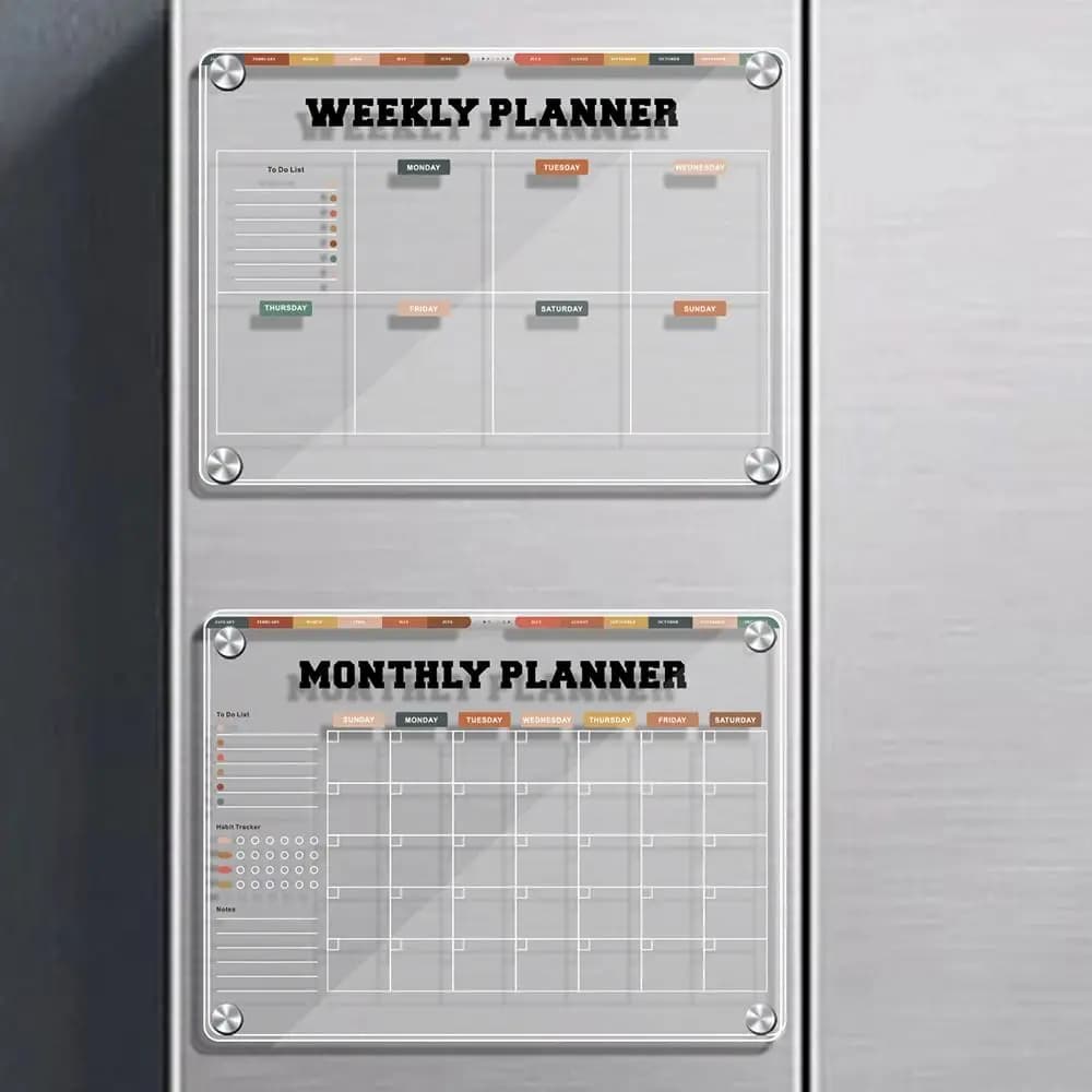 Agenda settimanale magnetica in acrilico 3D Magnete da frigorifero trasparente Calendario mensile Memo riutilizzabile con 5 pennarelli