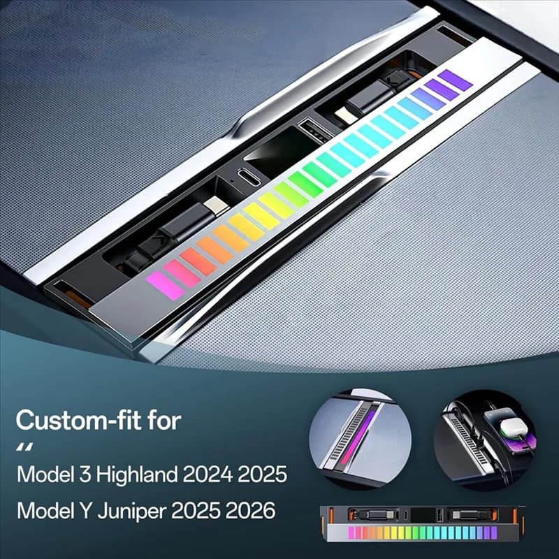Cavo retrattile Hub USB Docking Station con luce RGB per Tesla Model Y Juniper Model 3 Caricatore multiporta Highland 2025