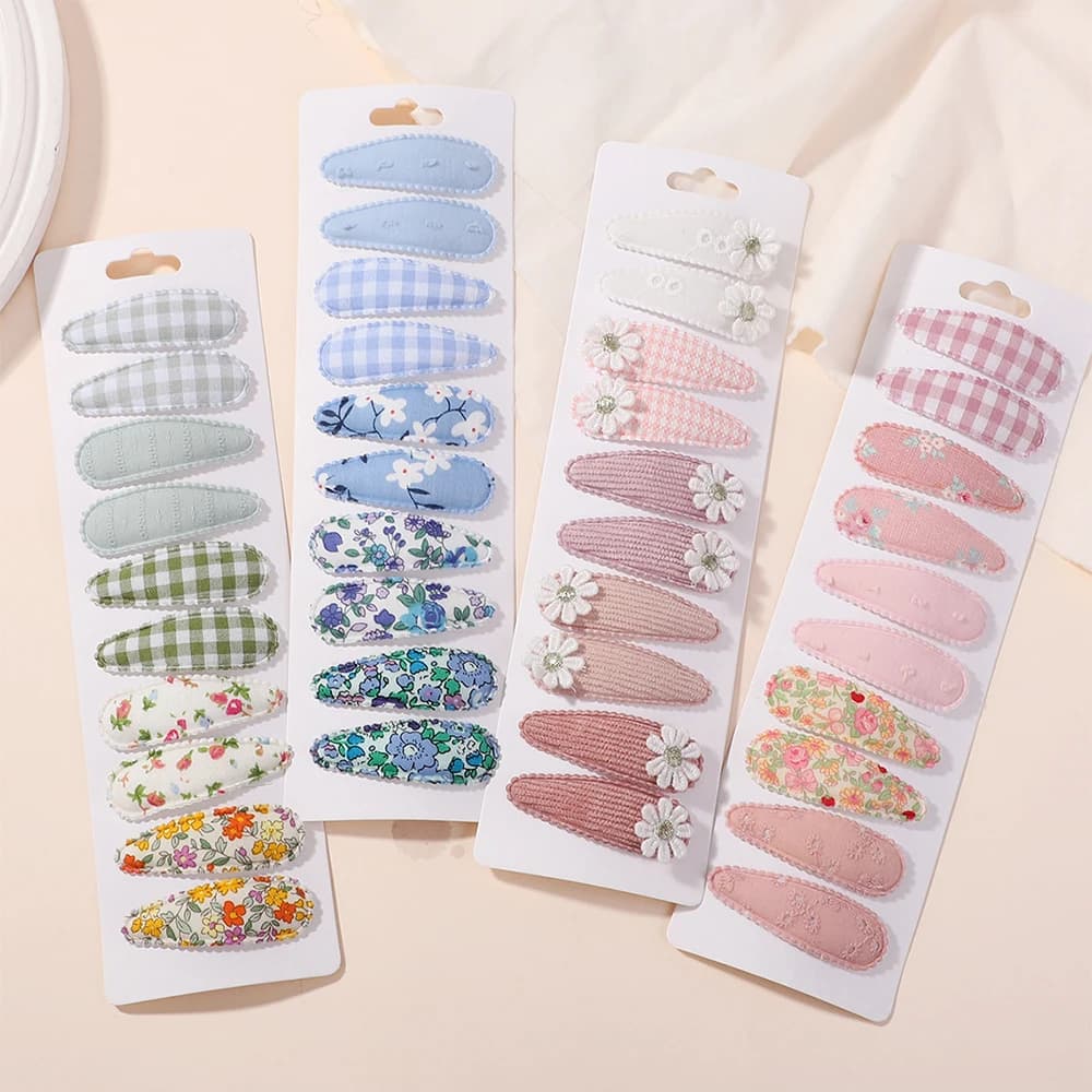 10 pcs/set Fresh Printing Cotton Alloy Dances for Baby Children Fabric Plaid BB Forks Todller Hairdressers Hairdressing Accessories