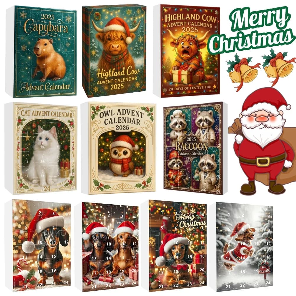 Calendario dell'Avvento di Natale con Capibara, con 24 personaggi 2D (Capibara/Teckel/Gatto Persiano/Mucca Highland/Raccoon/Gufo) per Albero di Natale/Regali