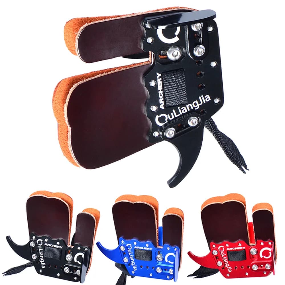 Tiro con l'arco Finger Tab Guard Protector Gear Guanto Pelle di mucca Lega di alluminio Arco ricurvo Freccia Tiro al bersaglio da caccia