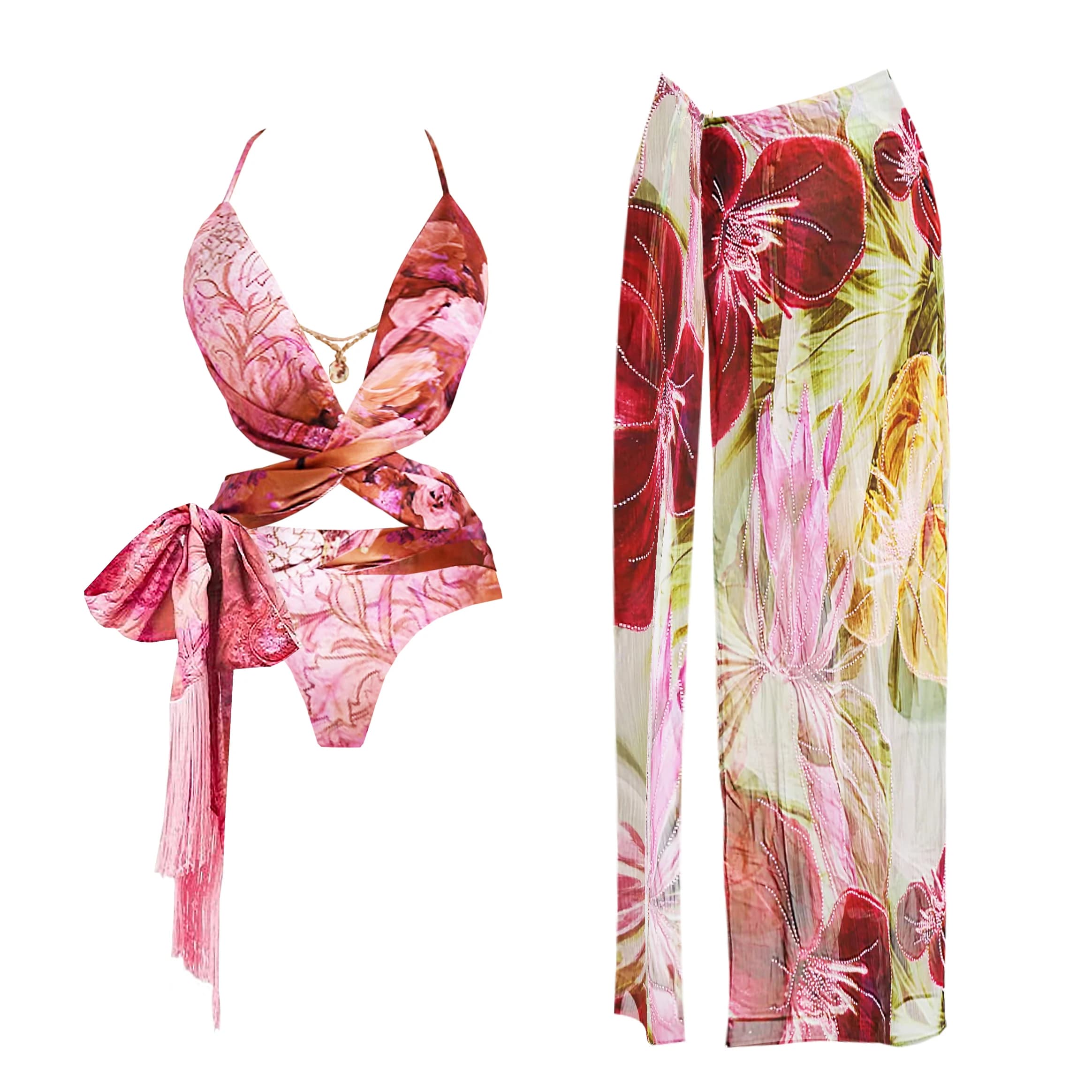 2 pezzi costume da bagno vuoto donna costumi da bagno sexy con gonna bikini floreale costume da bagno halter femminile scollo a V body beachwear cover up
