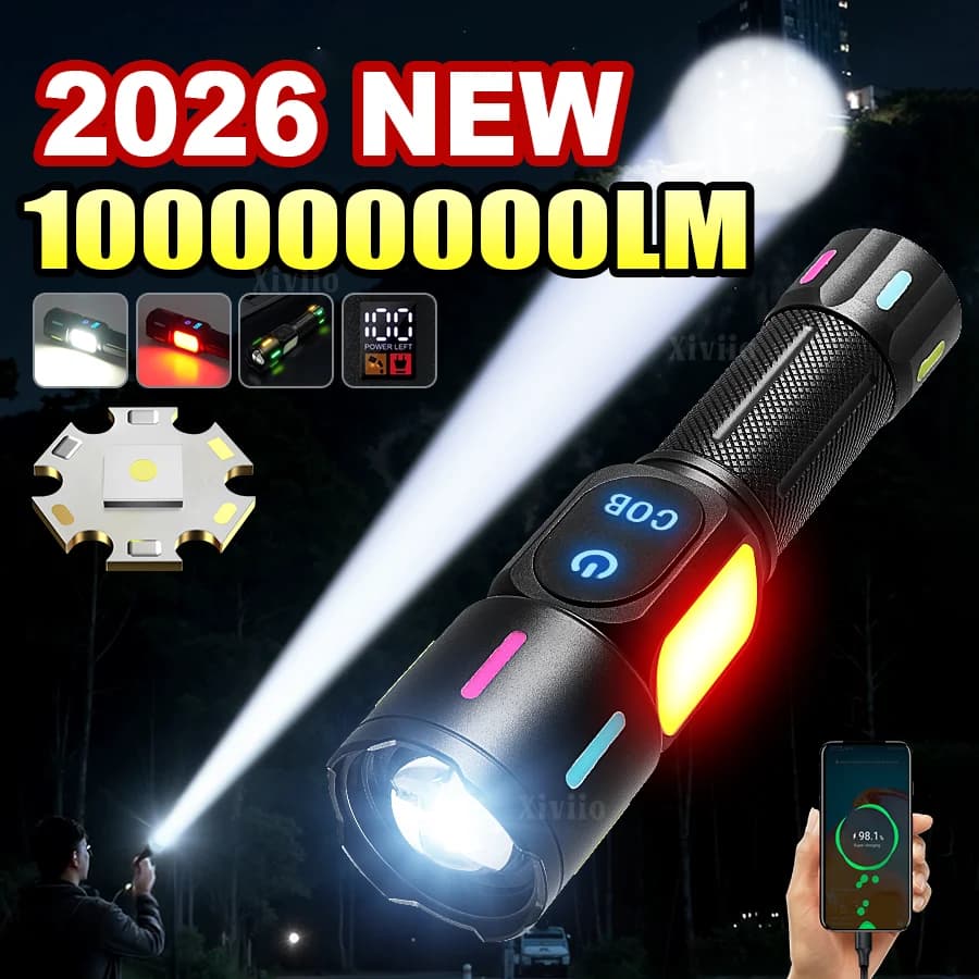 Torcia Ricaricabile con Luce Laterale COB, Zoom Telescopico, Super Luminosa, Indicatore Batteria USB per Campeggio e Illuminazione d'Emergenza