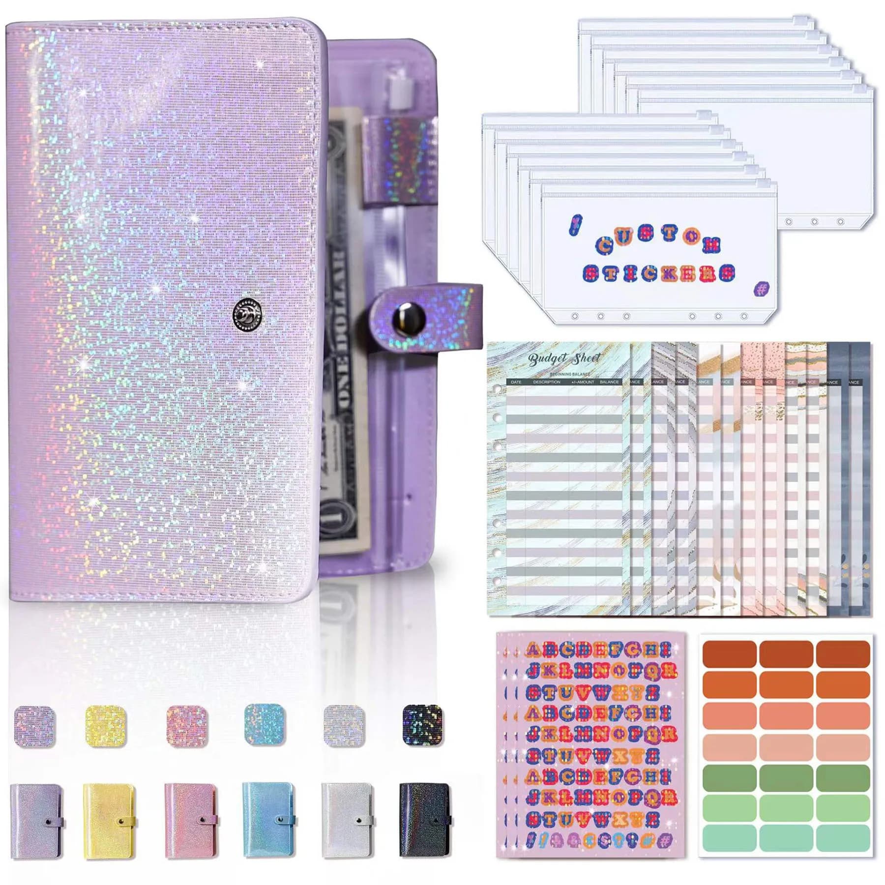 A6 taccuino in pelle sintetica Budget Binder Planner Personal Money Organizer, con 12 fogli di Budget 12 buste con cerniera e 4 adesivi