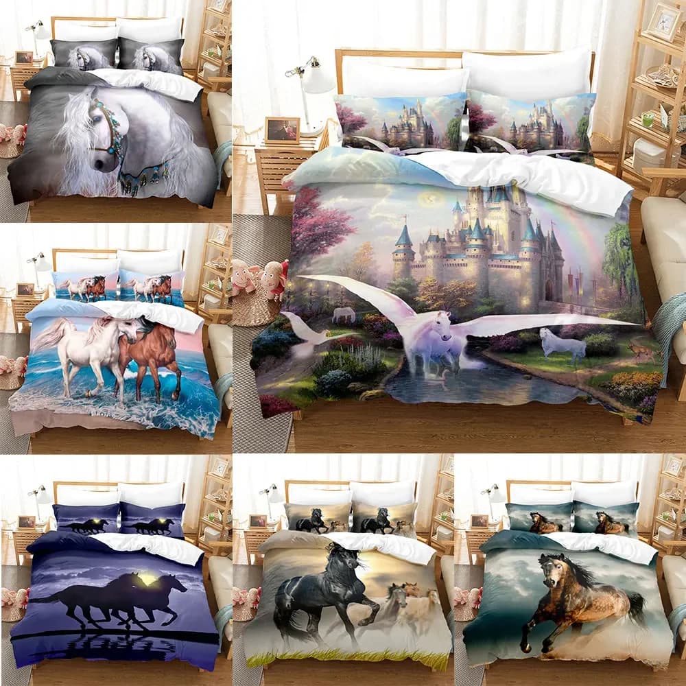 Set di biancheria da letto per cavalli animali Copripiumino trapuntato Copripiumino Federa Set da 2-3 pezzi Decorazione per camera da letto per bambini per adulti