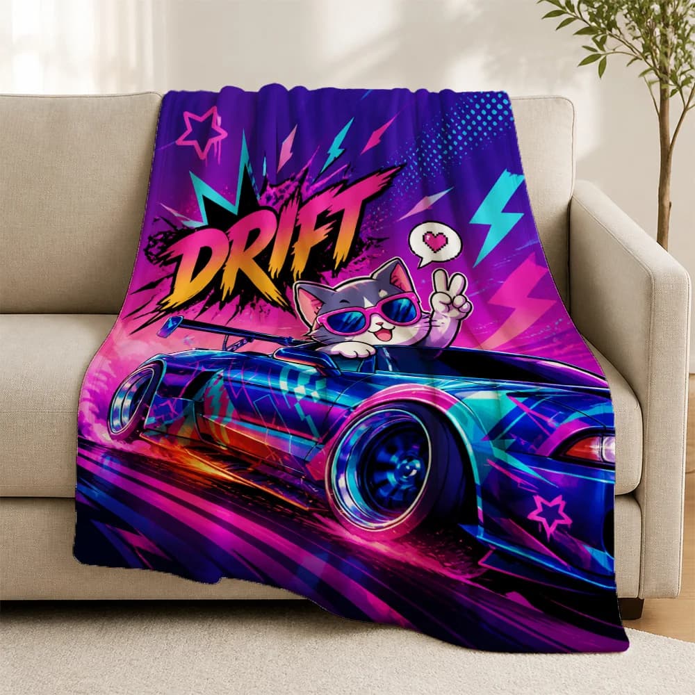 Vibrant Drift Car Cat Throw Blanket for Sofa Couch Decorative Fleece Throw Pop Culture Anime Automotive Decor Gift for Lovers