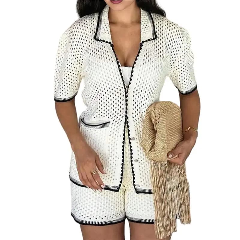 CYL-Costume da bagno da donna in 2 pezzi, top a maniche corte all'uncinetto, pantaloncini con laccetti sul davanti, set di pantaloncini, outfit estivo