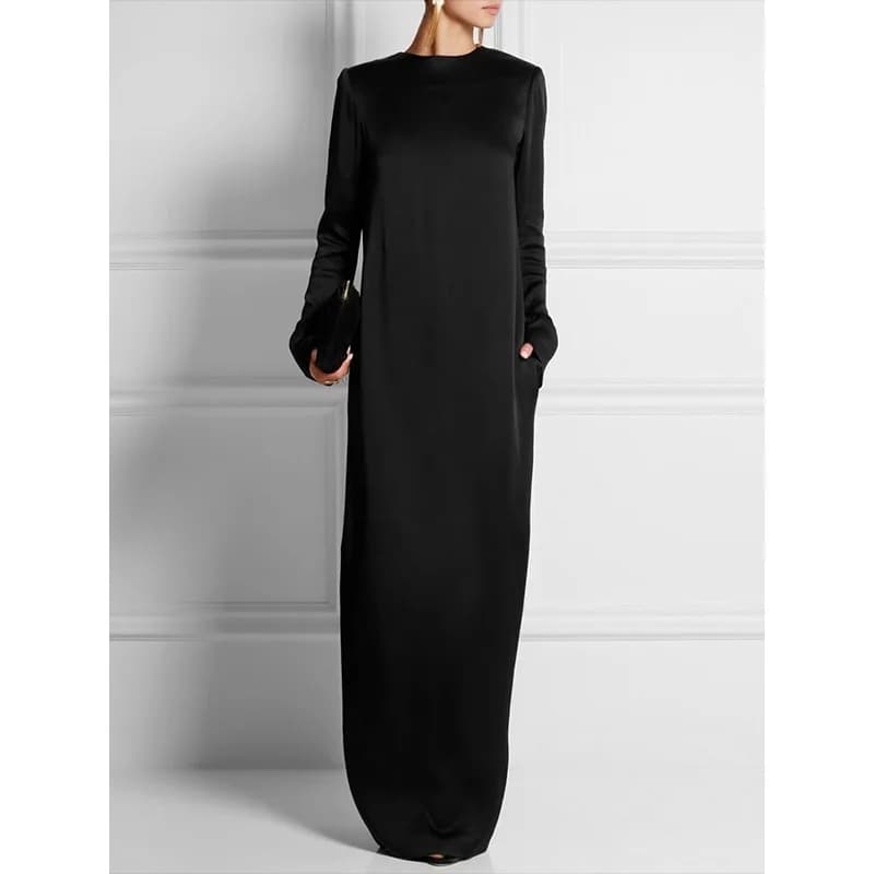 Women's Minimalist Black Church Dress Robe Long Sleeves Loose Solid Color Round-Neck Elegant Evening H-line Maxi Dresses