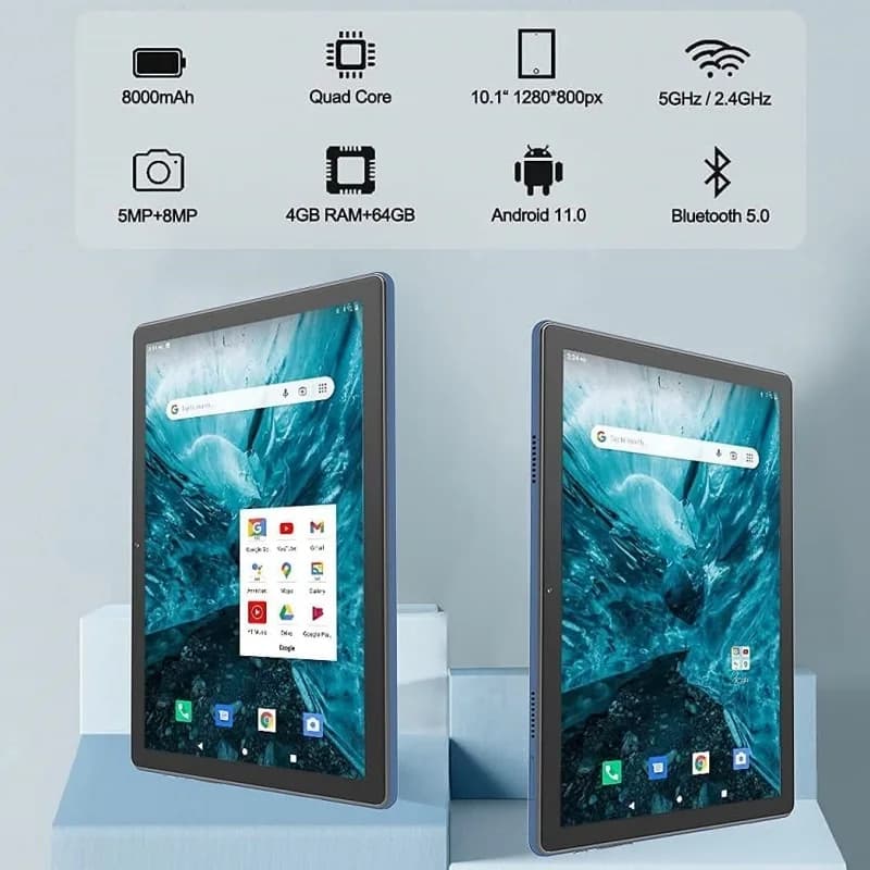 Tablet PC Android 11 da 10.1 pollici con 4GB RAM 64GB ROM, processore Allwinner A133 Quad-Core a 64 bit @ 1.6GHz, batteria da 5000mAh, WIFI, Bluetooth 5.0, USB Type-C